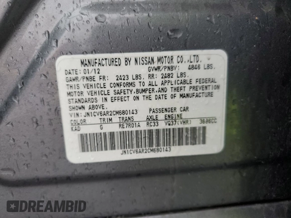 2012 Infiniti G37 x with VIN JN1CV6AR2CM680143, listed as a Copart auction lot 52567945 with 136,905 mi miles and Salvage Title. Bid and sale history available at DreamBid. Image 12.