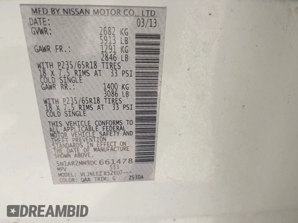 2013 Nissan Pathfinder Platinum with VIN 5N1AR2MM9DC661478, listed as a IAAI auction lot 42658641 with 183,913 mi miles and . Bid and sale history available at DreamBid. Image 9.