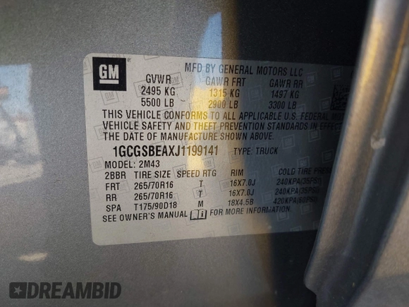 2018 Chevrolet Colorado 2WD Work Truck with VIN 1GCGSBEAXJ1199141, listed as a IAAI auction lot 42322849 with 77,811 mi miles and . Bid and sale history available at DreamBid. Image 9.
