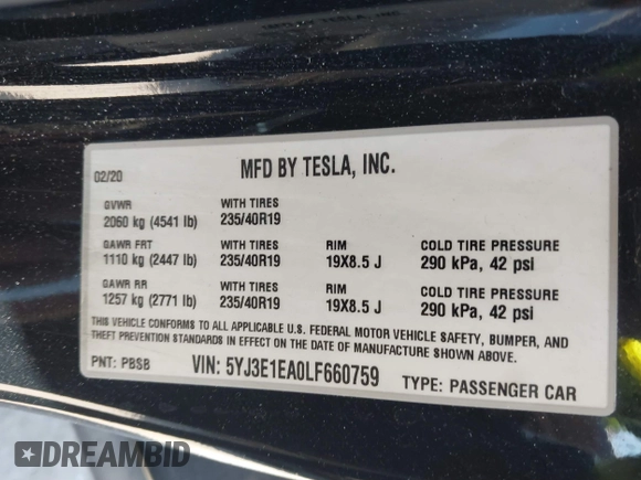 2020 Tesla Model 3 Standard Range Plus with VIN 5YJ3E1EA0LF660759, listed as a IAAI auction lot 41505250 with 63,322 mi miles and . Bid and sale history available at DreamBid. Image 9.