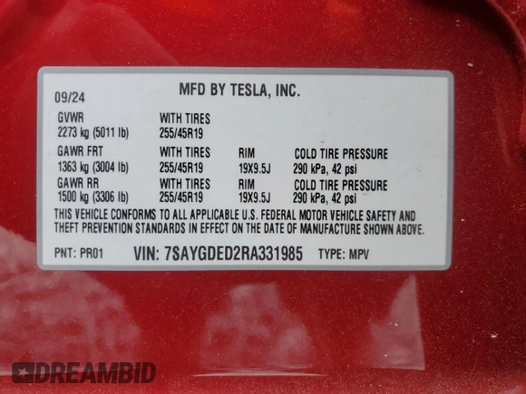 2024 Tesla Model Y with VIN 7SAYGDED2RA331985, listed as a Copart auction lot 50849025 with 6,108 mi miles and Salvage title. Bid and sale history available at DreamBid. Image 14.
