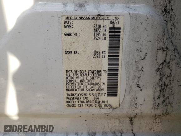 2021 Nissan LEAF SV Plus with VIN 1N4BZ1CV2MC554727, listed as a Copart auction lot 49440675 with 75,783 mi miles and Salvage title. Bid and sale history available at DreamBid. Image 13.