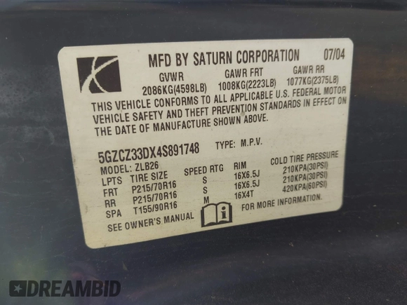 2004 Saturn VUE z VIN 5GZCZ33DX4S891748, wystawiony jako IAAI lot #41983425 z przebiegiem 187 754 mil mil oraz . Historia ofert i sprzedaży dostępna na DreamBid. Obrazek 9.