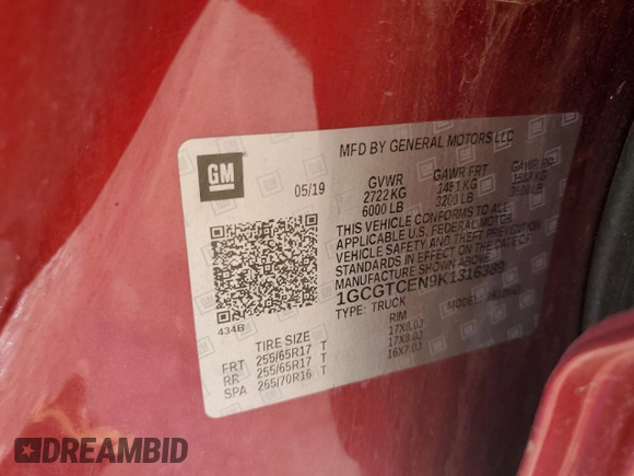 2019 Chevrolet Colorado 4WD LT with VIN 1GCGTCEN9K1316389, listed as a Copart auction lot 56095715 with 96,237 mi miles and Salvage title. Bid and sale history available at DreamBid. Image 12.