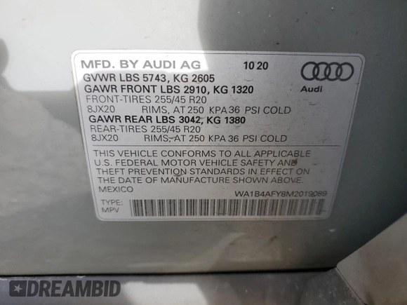 2021 Audi SQ5 Premium Plus with VIN WA1B4AFY8M2019089, listed as a Copart auction lot 71949073 with 23,869 mi miles and . Bid and sale history available at DreamBid. Image 14.