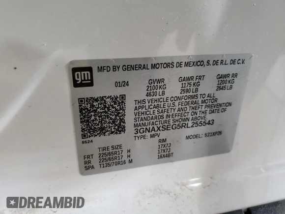 2024 Chevrolet Equinox LS with VIN 3GNAXSEG5RL255543, listed as a Copart auction lot 59809895 with 13,377 mi miles and Salvage title. Bid and sale history available at DreamBid. Image 13.