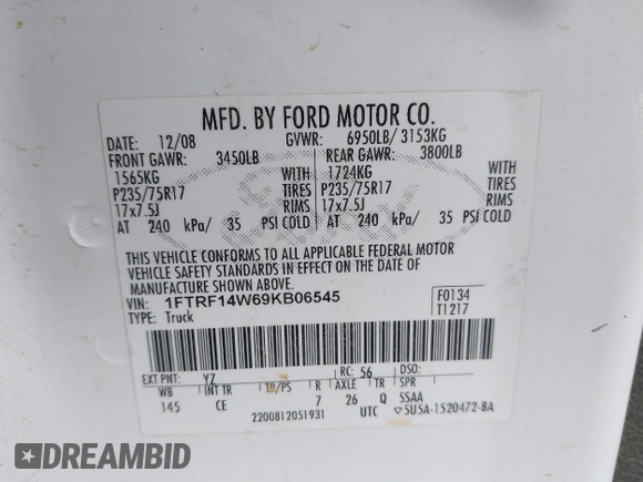 2009 Ford F-150 XL with VIN 1FTRF14W69KB06545, listed as a IAAI auction lot 41109287 with 104,713 mi miles and . Bid and sale history available at DreamBid. Image 9.