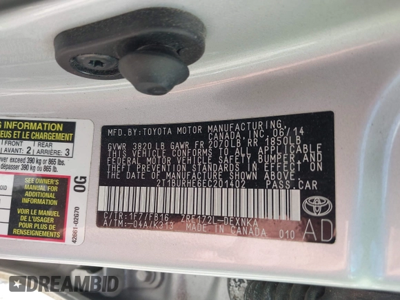 2014 Toyota Corolla L with VIN 2T1BURHE6EC201402, listed as a IAAI auction lot 42350827 with 100,704 mi miles and . Bid and sale history available at DreamBid. Image 9.