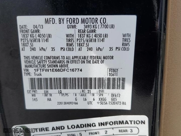 2013 Ford F-150 XLT with VIN 1FTFW1E68DFC16774, listed as a Copart auction lot 53814775 with 274,150 mi miles and Salvage Title. Bid and sale history available at carsss.com. Image 13.