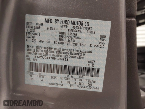 2008 Ford Escape Limited with VIN 1FMCU94178KC99233, listed as a IAAI auction lot 41820482 with 212,498 mi miles. Bid and sale history available at carsss.com. Image 9.