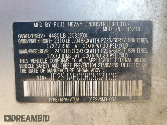 2017 Subaru Forester Premium with VIN JF2SJAEC0HG502106, listed as a Copart auction lot 46153715 with 184,274 mi miles and Salvage Title. Bid and sale history available at carsss.com. Image 14.