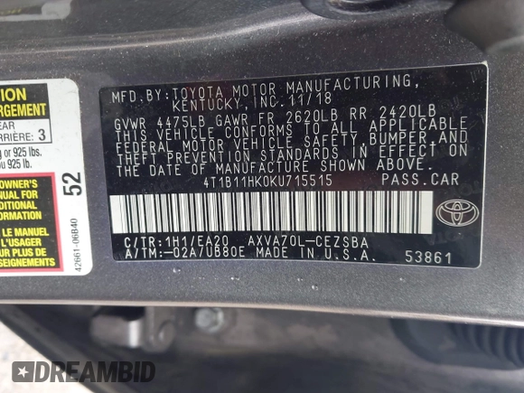 2019 Toyota Camry LE z VIN 4T1B11HK0KU715515, wystawiony jako IAAI lot #42155492 z przebiegiem 114 091 mil mil oraz . Historia ofert i sprzedaży dostępna na DreamBid. Obrazek 9.