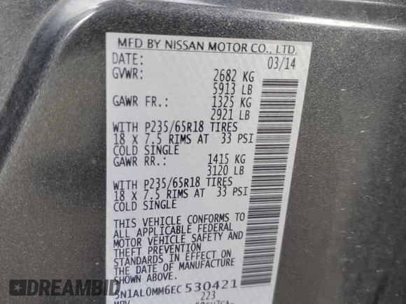 2014 Infiniti QX60 with VIN 5N1AL0MM6EC530421, listed as a Copart auction lot 55479135 with 145,573 mi miles and Clean Title. Bid and sale history available at DreamBid. Image 13.