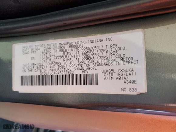 2004 Toyota Sequoia Limited with VIN 5TDZT38A24S222023, listed as a Copart auction lot 46853565 with 309,447 mi miles and Salvage Title. Bid and sale history available at carsss.com. Image 13.