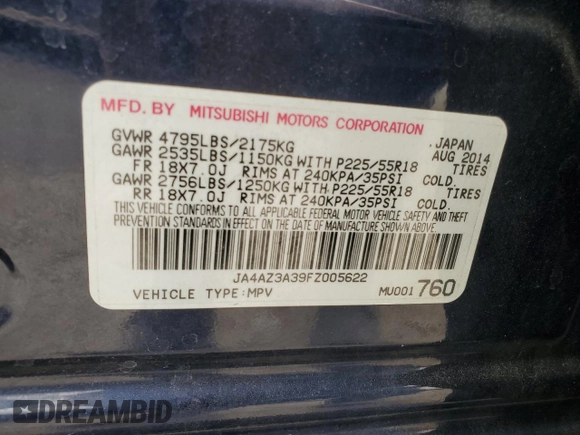 2015 Mitsubishi Outlander SE with VIN JA4AZ3A39FZ005622, listed as a Copart auction lot 55996605 with 121,285 mi miles and Salvage title. Bid and sale history available at DreamBid. Image 13.