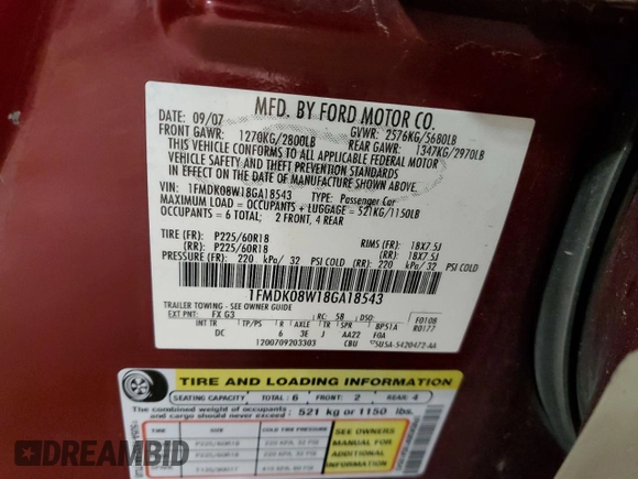 2008 Ford Taurus X Eddie Bauer with VIN 1FMDK08W18GA18543, listed as a Copart auction lot 83316674 with 139,299 mi miles and Clean title. Bid and sale history available at DreamBid. Image 12.