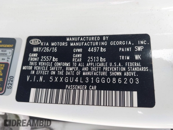 2016 Kia Optima EX with VIN 5XXGU4L31GG086203, listed as a IAAI auction lot 42128099 with 157,988 mi miles. Bid and sale history available at carsss.com. Image 9.