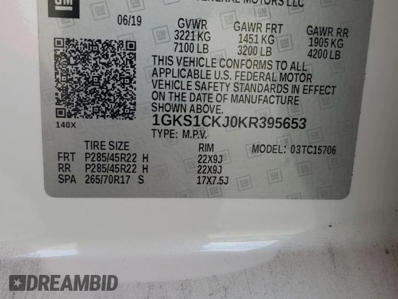 2019 GMC Yukon Denali with VIN 1GKS1CKJ0KR395653, listed as a Copart auction lot 79501764 with 0 mi miles and Salvage Title. Bid and sale history available at carsss.com. Image 14.