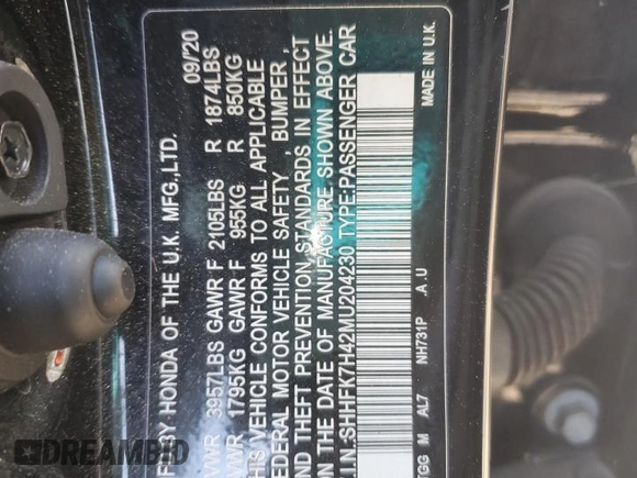 2021 Honda Civic Sport with VIN SHHFK7H42MU204230, listed as a Copart auction lot 50311665 with 86,675 mi miles and Salvage Title. Bid and sale history available at DreamBid. Image 14.
