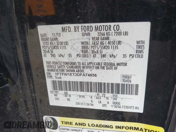 2013 Ford F-150 XL with VIN 1FTFW1ET3DFA74856, listed as a IAAI auction lot 41656892 with 171,992 mi miles. Bid and sale history available at carsss.com. Image 9.