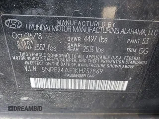 2019 Hyundai Sonata SE with VIN 5NPE24AF1KH752869, listed as a IAAI auction lot 41998391 with 107,913 mi miles and . Bid and sale history available at DreamBid. Image 9.