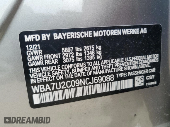 2022 BMW 7 Series 750i xDrive with VIN WBA7U2C09NCJ69088, listed as a Copart auction lot 54895725 with 12,893 mi miles and Clean title. Bid and sale history available at DreamBid. Image 12.