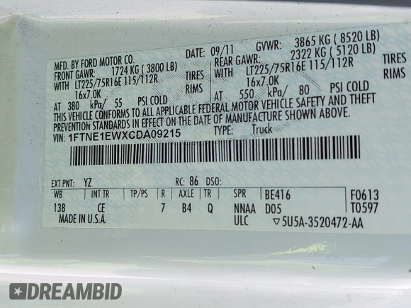 2012 Ford Econoline Cargo Commercial with VIN 1FTNE1EWXCDA09215, listed as a IAAI auction lot 42119854 with 141,625 mi miles and . Bid and sale history available at DreamBid. Image 9.