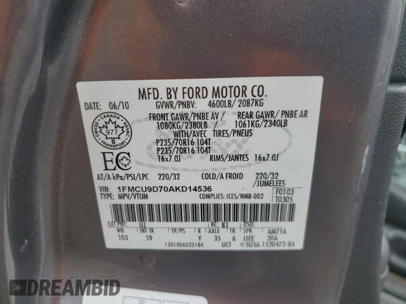 2010 Ford Escape XLT с VIN 1FMCU9D70AKD14536, выставлен на аукционе Copart как лот 54414855 с пробегом Не указан миль и Списание • Salvage title. История ставок и продаж доступна на DreamBid. Изображение 12.