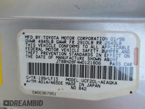 1998 Lexus LS 400 z VIN JT8BH28F4W0121806, wystawiony jako Copart lot #57636755 z przebiegiem 264 027 mil mil oraz Czysty tytuł • Clean title. Historia ofert i sprzedaży dostępna na DreamBid. Obrazek 12.
