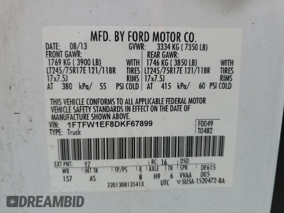 2013 Ford F-150 XL with VIN 1FTFW1EF8DKF67899, listed as a Copart auction lot 55303025 with 310,505 mi miles and Salvage title. Bid and sale history available at DreamBid. Image 13.