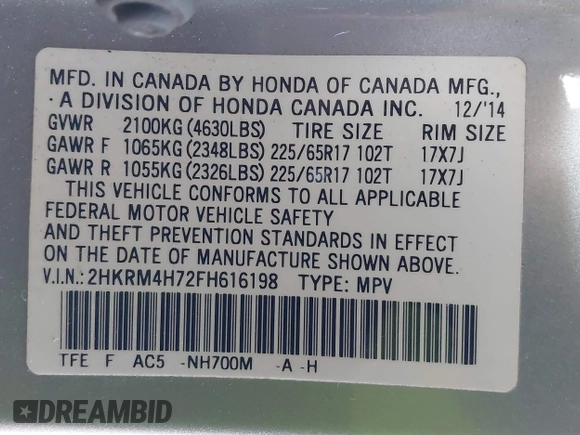 2015 Honda CR-V EX-L with VIN 2HKRM4H72FH616198, listed as a IAAI auction lot 42038752 with 82,826 mi miles and . Bid and sale history available at carsss.com. Image 9.