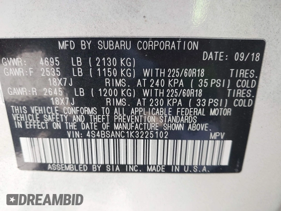 2019 Subaru Outback Limited z VIN 4S4BSANC1K3225102, wystawiony jako IAAI lot #42316247 z przebiegiem 179 444 mil mil oraz . Historia ofert i sprzedaży dostępna na DreamBid. Obrazek 9.