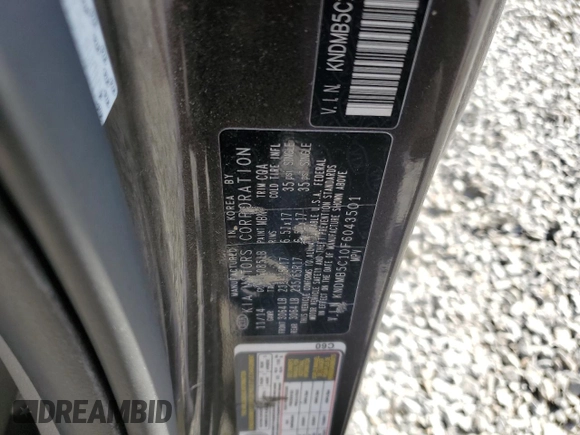2015 Kia Sedona LX with VIN KNDMB5C10F6043501, listed as a Copart auction lot 52859205 with 197,040 mi miles and Salvage Title. Bid and sale history available at DreamBid. Image 13.