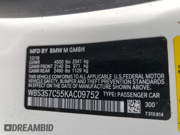 2019 BMW M4 CS with VIN WBS3S7C55KAC09752, listed as a Copart auction lot 46667005 with 75,585 mi miles and Salvage Title. Bid and sale history available at carsss.com. Image 12.