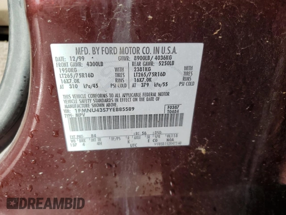 2000 Ford Excursion Limited с VIN 1FMNU43S7YEB85589, выставлен на аукционе Copart как лот 43738255 с пробегом 233 688 миль миль и Списание • Salvage title. История ставок и продаж доступна на DreamBid. Изображение 13.