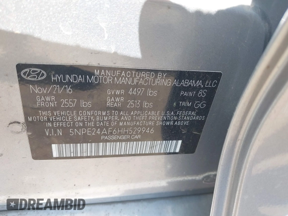 2017 Hyundai Sonata SE with VIN 5NPE24AF6HH529946, listed as a IAAI auction lot 40073758 with 103,669 mi miles and . Bid and sale history available at DreamBid. Image 9.
