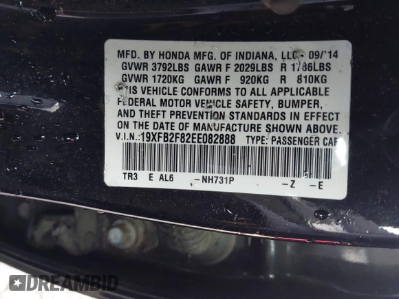 2014 Honda Civic Sedan EX with VIN 19XFB2F82EE082888, listed as a IAAI auction lot 41911732 with 183,450 mi miles. Bid and sale history available at carsss.com. Image 9.