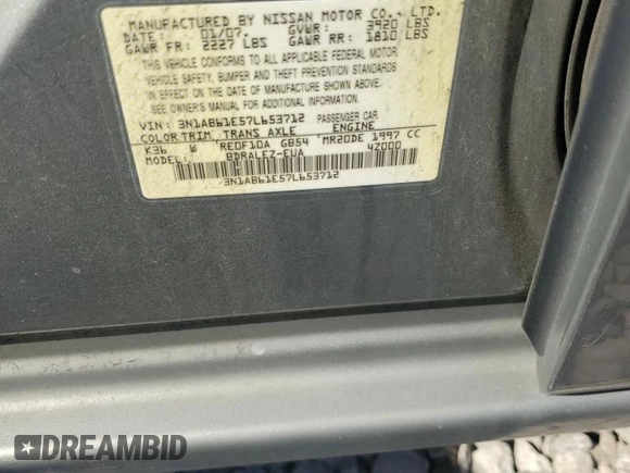 2007 Nissan Sentra 2.0 with VIN 3N1AB61E57L653712, listed as a Copart auction lot 46404325 with 119,356 mi miles and Clean Title. Bid and sale history available at DreamBid. Image 12.