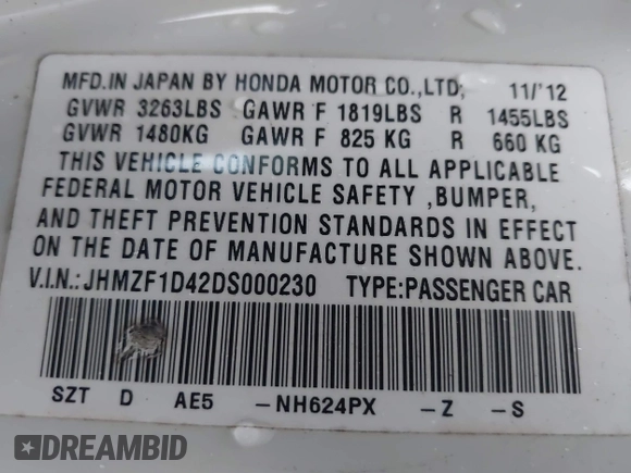 2013 Honda CR-Z with VIN JHMZF1D42DS000230, listed as a IAAI auction lot 41433713 with 128,887 mi miles. Bid and sale history available at carsss.com. Image 9.