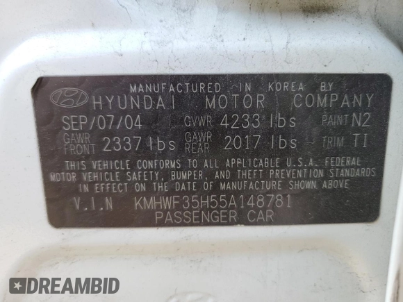 2005 Hyundai Sonata GLS with VIN KMHWF35H55A148781, listed as a Copart auction lot 48931395 with 166,589 mi miles and Non Repairable. Bid and sale history available at carsss.com. Image 12.