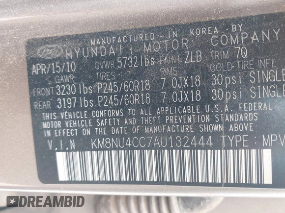 2010 Hyundai Veracruz Limited with VIN KM8NU4CC7AU132444, listed as a IAAI auction lot 42406179 with 153,701 mi miles and . Bid and sale history available at DreamBid. Image 9.