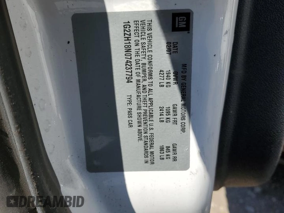 2007 Pontiac G6 GT z VIN 1G2ZH18N074237794, wystawiony jako Copart lot #77636474 z przebiegiem Nie podano mil oraz Nie do naprawy • Non repairable. Historia ofert i sprzedaży dostępna na DreamBid. Obrazek 14.