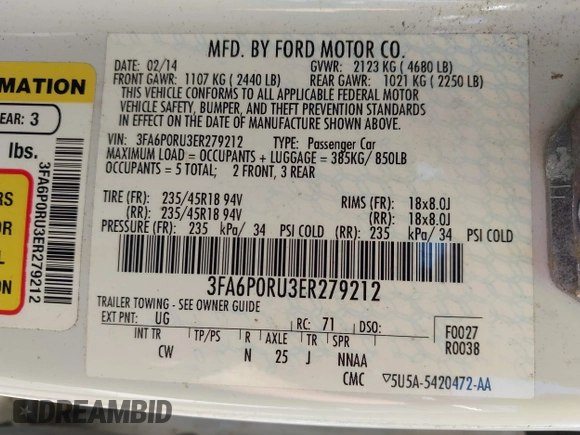 2014 Ford Fusion Titanium Hybrid with VIN 3FA6P0RU3ER279212, listed as a IAAI auction lot 42241465 with 155,841 mi miles and . Bid and sale history available at DreamBid. Image 9.