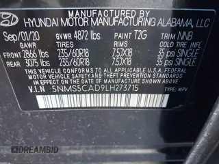 2020 Hyundai Santa Fe Limited with VIN 5NMS5CAD9LH273715, listed as a IAAI auction lot 41259190 with 14,669 mi miles and . Bid and sale history available at DreamBid. Image 9.