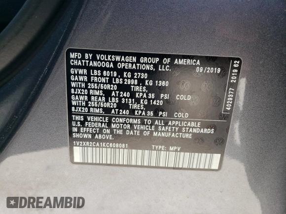 2019 Volkswagen Atlas SE с VIN 1V2XR2CA1KC608081, выставлен на аукционе Copart как лот 47883815 с пробегом 46 056 миль миль и Чистый • Clean title. История ставок и продаж доступна на DreamBid. Изображение 15.