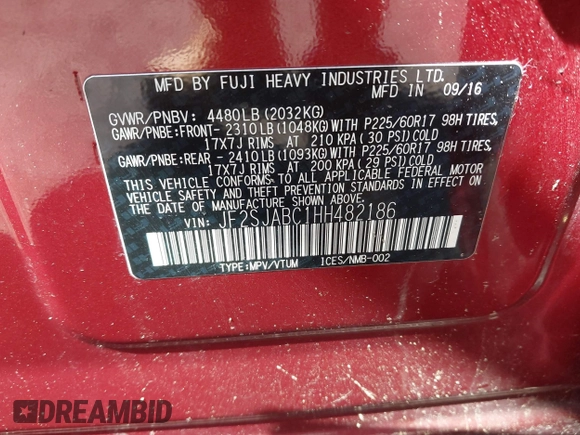 2017 Subaru Forester z VIN JF2SJABC1HH482186, wystawiony jako IAAI lot #42179773 z przebiegiem 99 095 mil mil oraz . Historia ofert i sprzedaży dostępna na DreamBid. Obrazek 9.