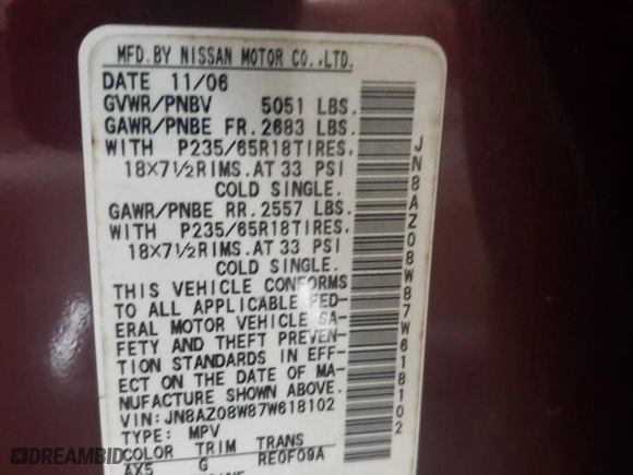 2007 Nissan Murano S with VIN JN8AZ08W87W618102, listed as a Copart auction lot 77898514 with 128,790 mi miles and Salvage Title. Bid and sale history available at carsss.com. Image 13.