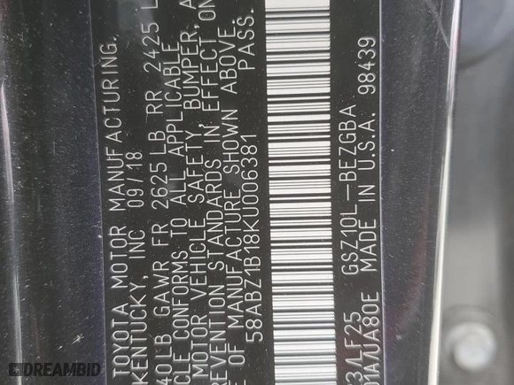 2019 Lexus ES with VIN 58ABZ1B18KU006381, listed as a Copart auction lot 53826425 with 44,501 mi miles and Salvage Title. Bid and sale history available at carsss.com. Image 12.