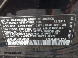 2018 Volkswagen Passat S with VIN 1VWAA7A30JC019938, listed as a IAAI auction lot 42380125 with 99,080 mi miles and . Bid and sale history available at DreamBid. Image 9.