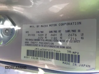 2003 Mazda MPV LX with VIN JM3LW28A930359444, listed as a IAAI auction lot 41949297 with 189,346 mi miles. Bid and sale history available at carsss.com. Image 9.